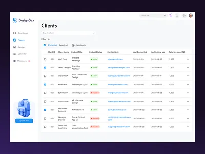 DesignDex - A CRM for the Modern Designer 3d design client client list client managment crm dashboard crm data table freelance freelance crm freelance designer minimal design saas select all tag selection timline ui ux ux designer
