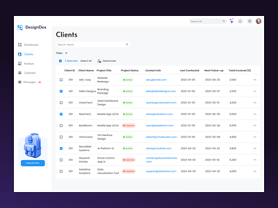 DesignDex - A CRM for the Modern Designer 3d design client client list client managment crm dashboard crm data table freelance freelance crm freelance designer minimal design saas select all tag selection timline ui ux ux designer