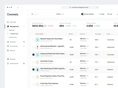 Conceals Dashboard for Admin 10am admin admin panel beauty dashboard conceals dashboard dashboard system list product list product table statistic table web app