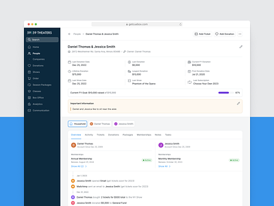 Updated Donor Profile View dashboard donation donor history notes performing art profile saas ticketing ui ux