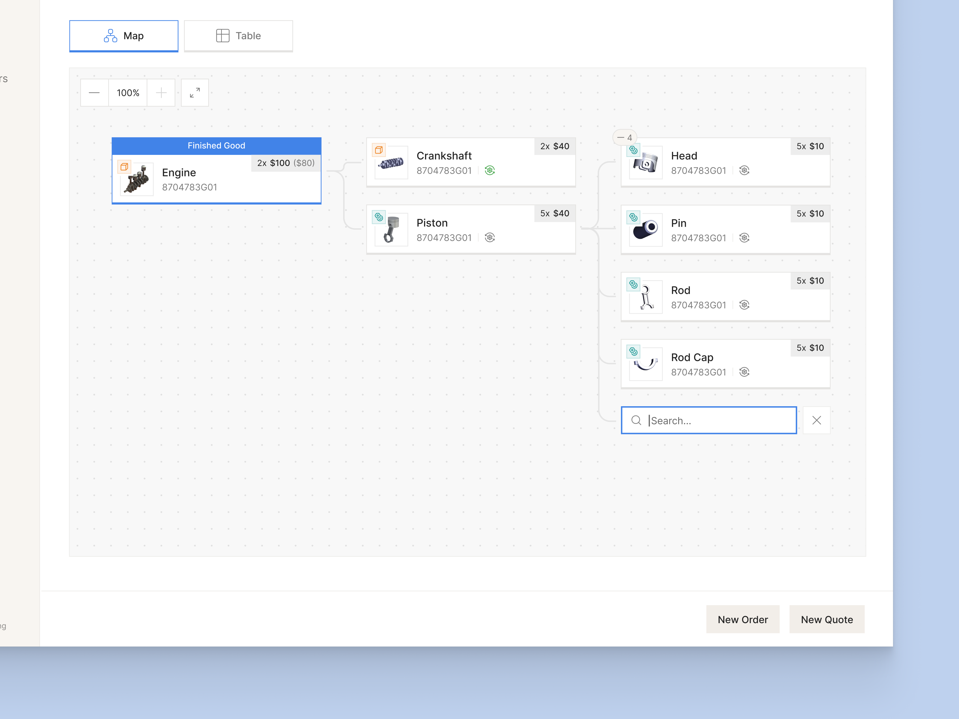 Map View assembly flow map materials parts saas search ui ux