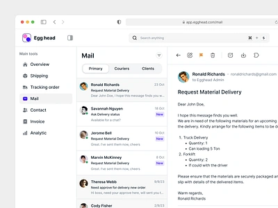 Egg head | Inbox Mail Feature app attachment clean conversation dashboard desktop email email client inbox label mail message messaging product design saas saas design ui ux webapp website