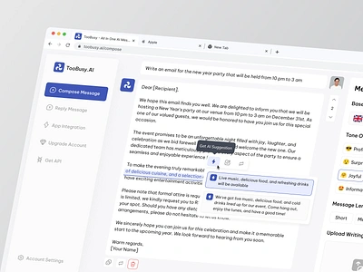 TooBusy.AI - AI Composing Message ai artificial intelligence automation communication composing composing email composing message dashboard mail platform mailing app mailing dashboard messaging messaging dashboard product design saas ui ui desing uiux uiux design ux