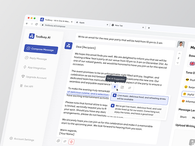 TooBusy.AI - AI Composing Message ai artificial intelligence automation communication composing composing email composing message dashboard mail platform mailing app mailing dashboard messaging messaging dashboard product design saas ui ui desing uiux uiux design ux