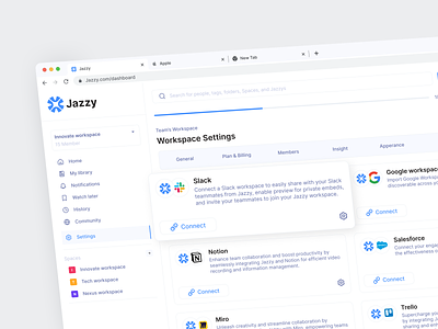 Jazzy - workspace settings - integrations cansaas connection dasboard design integration interface loom onboarding product design project saas setting system task team ui ux web design webapp workspace