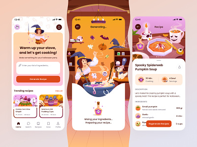 AI Recipe Maker Mobile App 👻 ai colorful cooking design generator halloween illustration mobile app october orange orely playful potion pumpkin recipe skull spider spooky ui vibrant