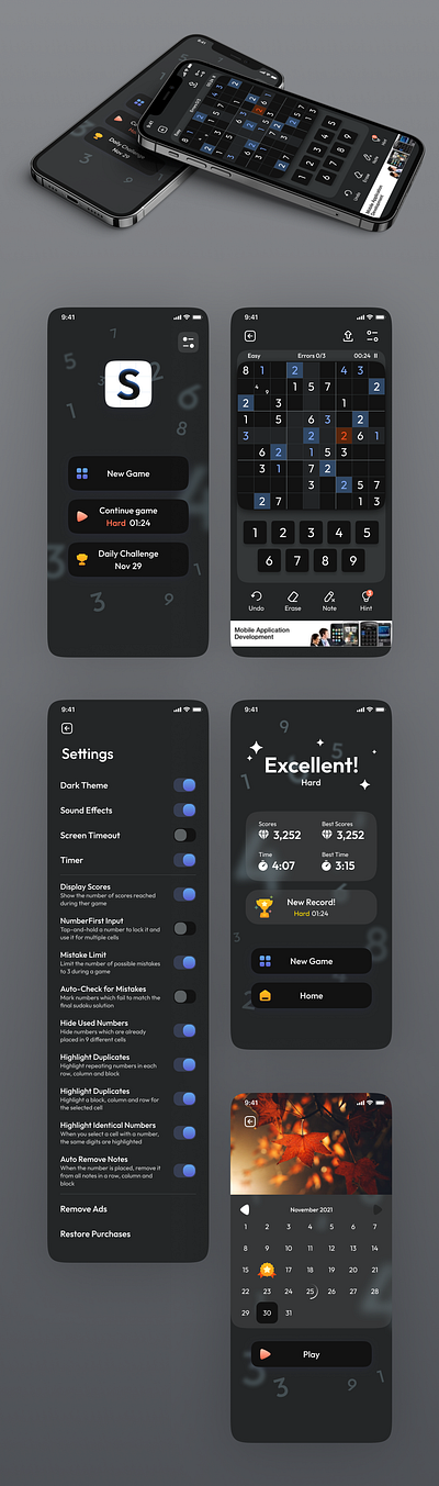 Sudoku game design: Dark Theme apk design app design mobile app design
