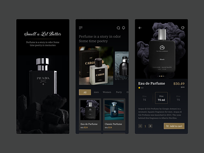 Perfume E-commerce - Mobile App 3d add to cart animation branding category graphic design home page logo motion graphics perfume perfume e commerce mobile app pricing page product card product detail page splash screen ui
