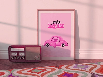 Girl's dream | Y2K illustration 2000s adobe illustrator app barbie barbiecore branding design doll girls dream graphic design illustration pink pink car poster poster design retro vector y2k