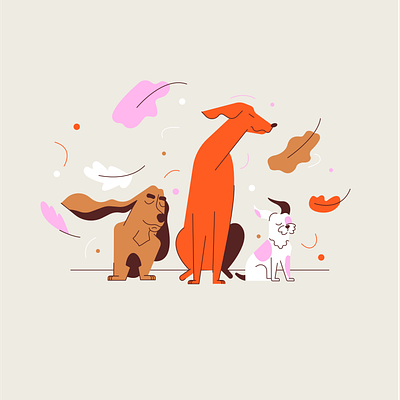 dogs autumn vibes 2d autumn basset hound character dogs flat ill illustration leaf puppies ui vector walk wind windy day wippet