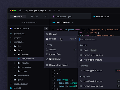 Bloop AI - Project view chat code components dashboard design design kit design system developer interface llm mobile openai popup product design ui ux variable vscode web application web design