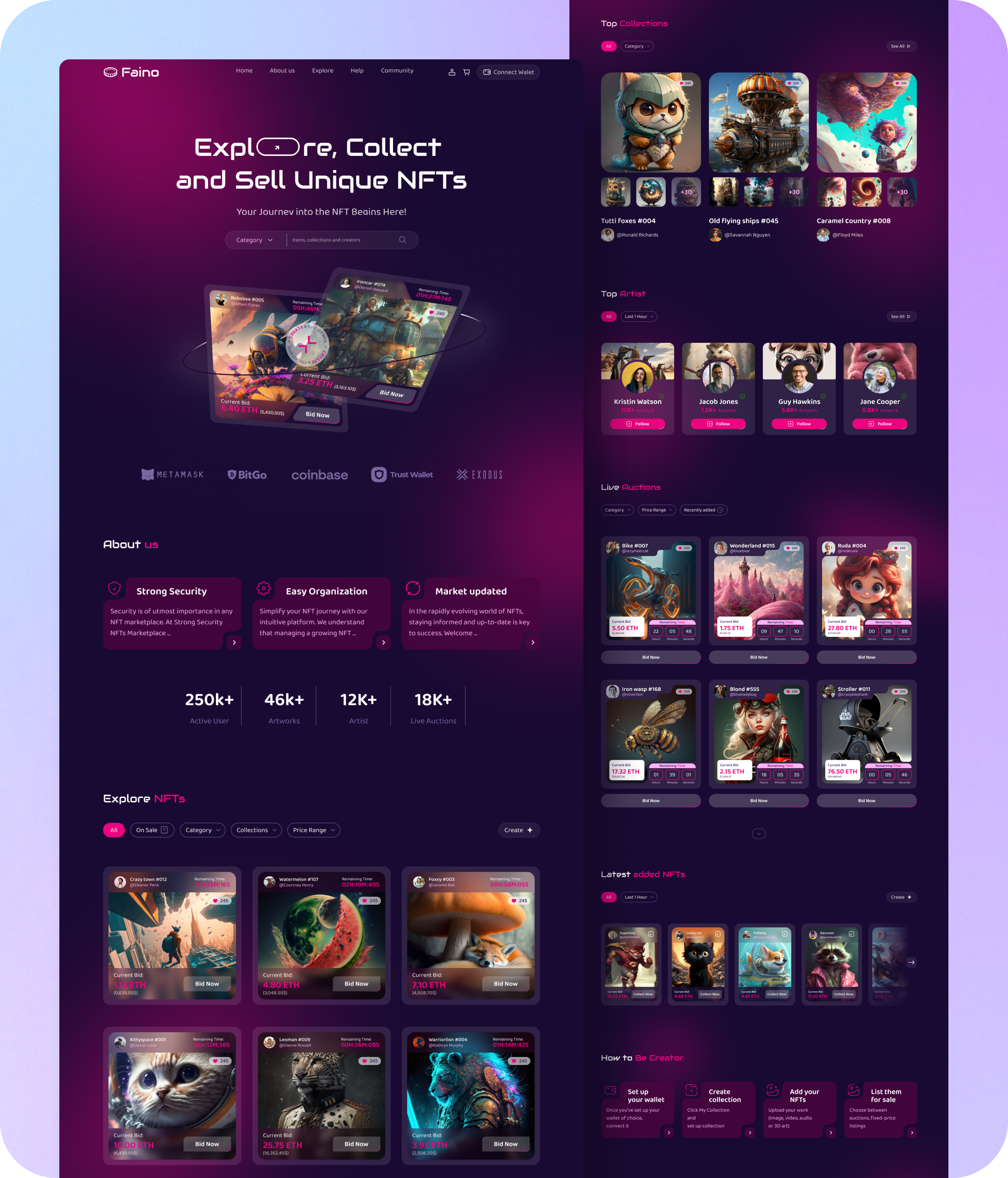 Landing Page for NFT Marketplace card design desktop faino figma landing landing page marketplace mobile nft nft marketplace presentation site tablet ui ui ux ux web web design website