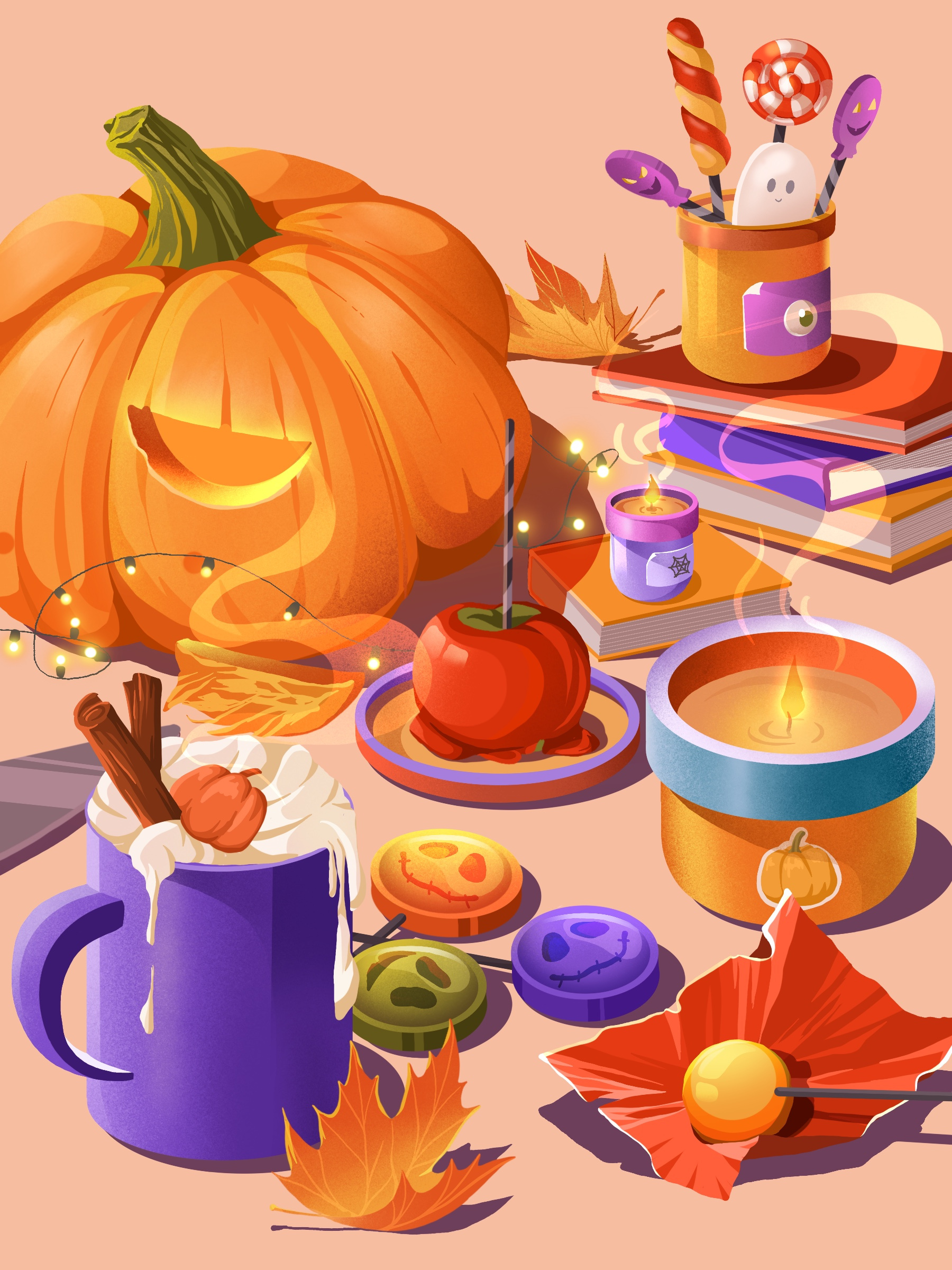 Halloween apple book candles candy halloween leaves leeart lollipops pumpkin tear