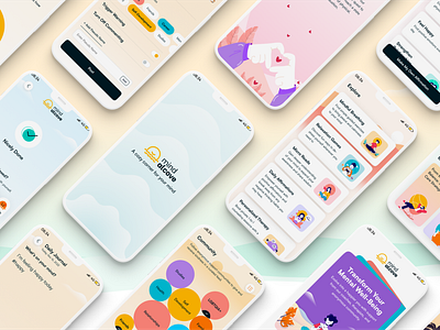 Mind Alcove: Mental Well-Being Brand - UI UX Mobile design fun graphic design health illustration journaling mental mindfull mindfullness mobile mood mood tracking product ui user experience user interface ux wellbeing wellness