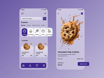 Glassmorphism addtocartscreen bottomnav cookies glassmorphism homepage purpletheme restaurant searchbar