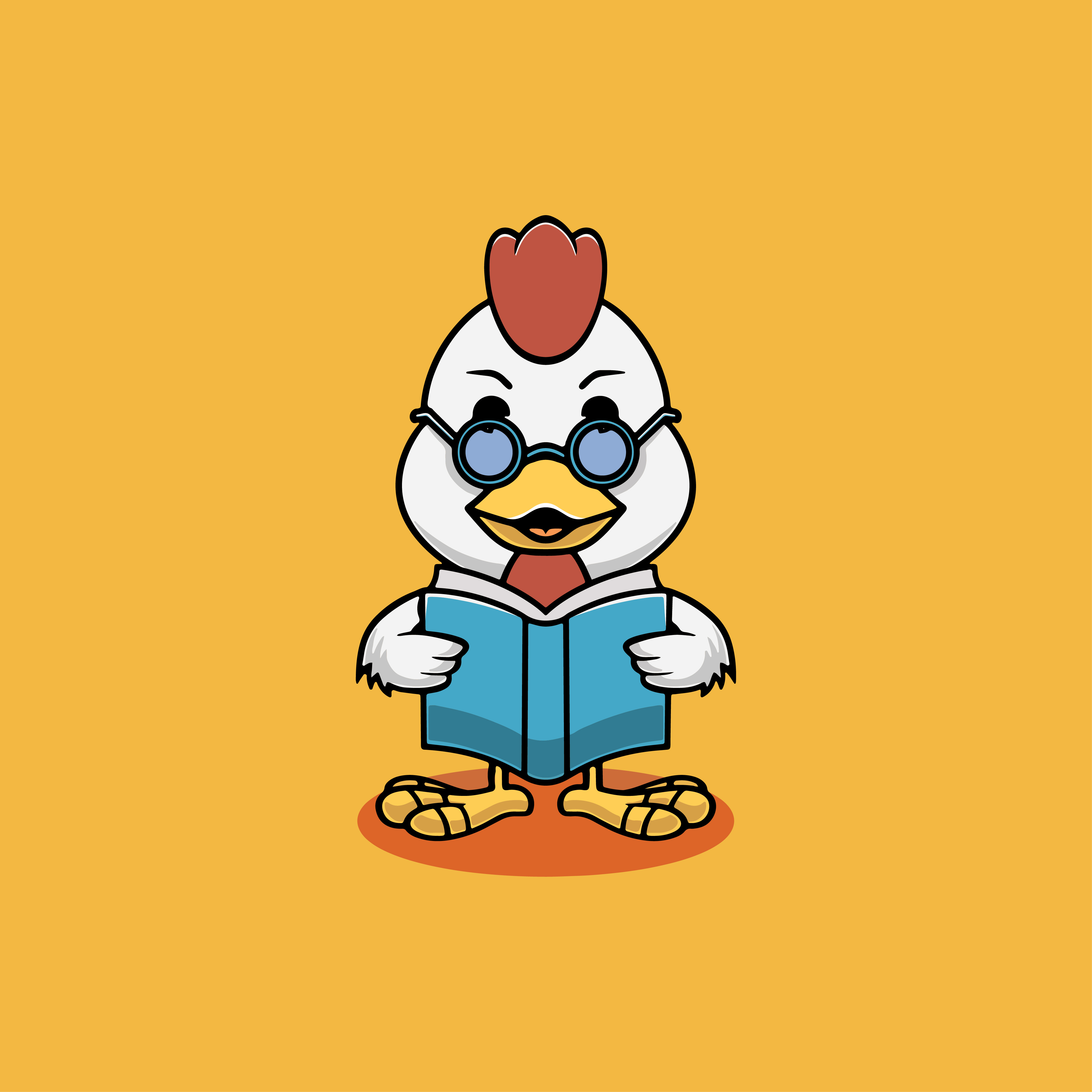 Cute chicken reading book cartoon illustration colorful