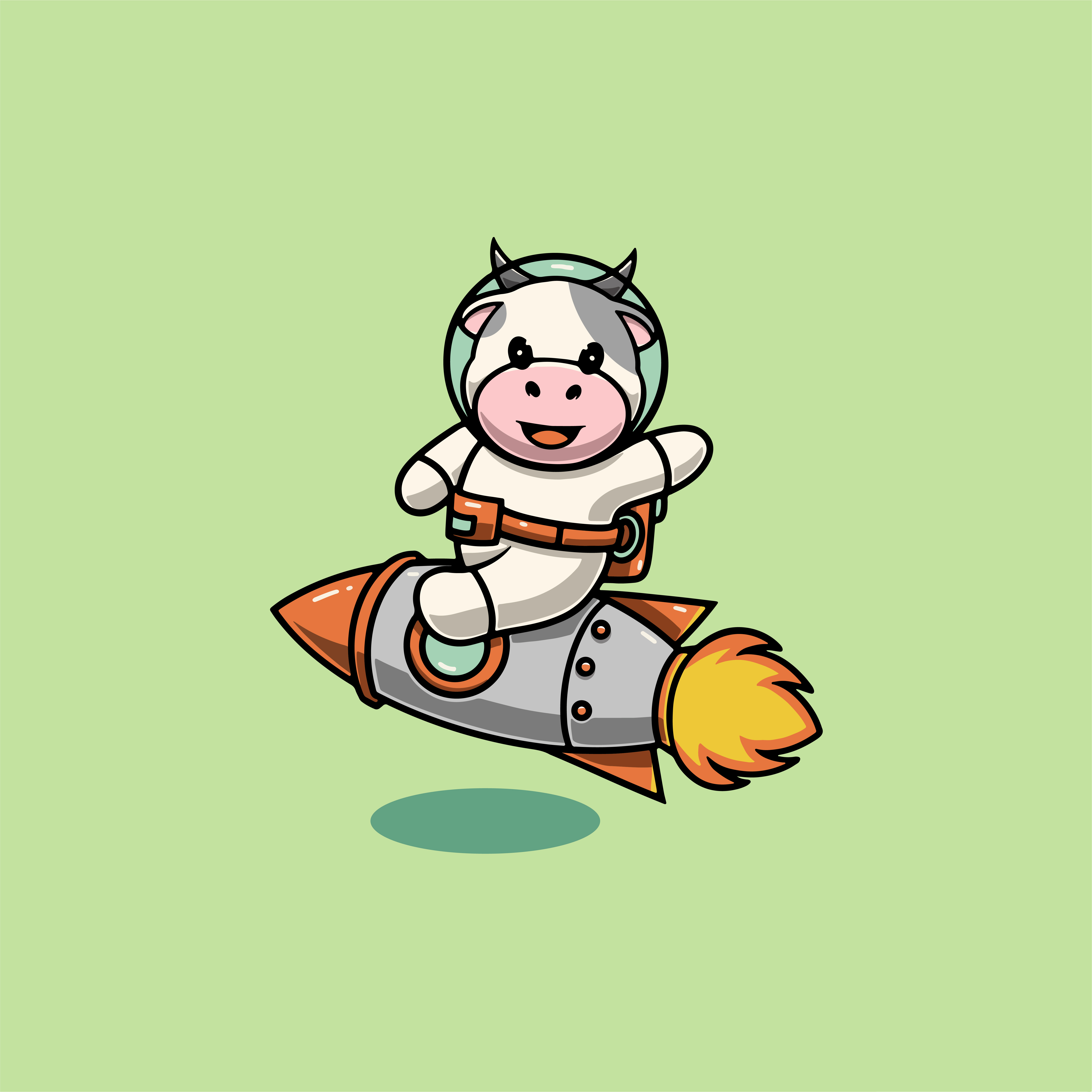 Cute baby cow go to the moon cartoon illustration rocket