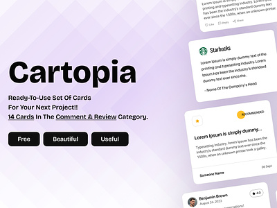 Cartopia: set of cards card card component cards comment comment card component design figma free landing page pack review review card set ui variant visual