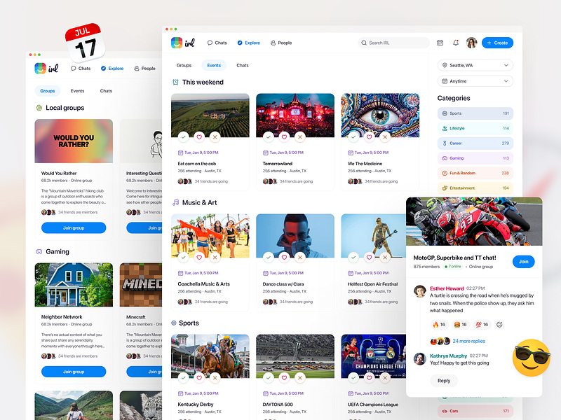 IRL: Explore groups, events and chats card chats clean conversations design discover events explore explore events explore groups feed graphic design groups rwd social ui ux web web design