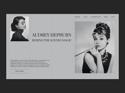 Audrey Hepburn website home screen design composition creativeui design designinspiration dribbbledesign dribbbleui figma main screen minimaldesign ui uidesigner uiinspiration uipatterns uiux design uiuxdesign userinterface visualdesign web design