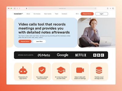 📺 Video Calls Tool with AI Assistant classic clean clean design landing landing page minimalism pure soft soft colors ui web web design web platform web site website