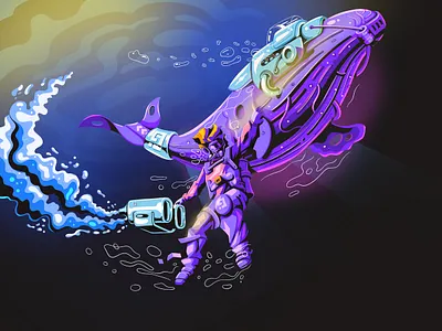 Futuristic fantasy illustration art artwork colourful digital art drawing futuristic graphic design illustration illustrator mission ocean scuba diver sea under water vibrant whale