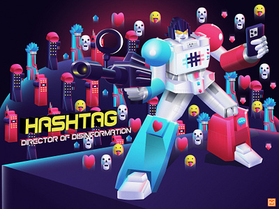 Hashtag, # Director of Disinformation branding illustration robot toy vector