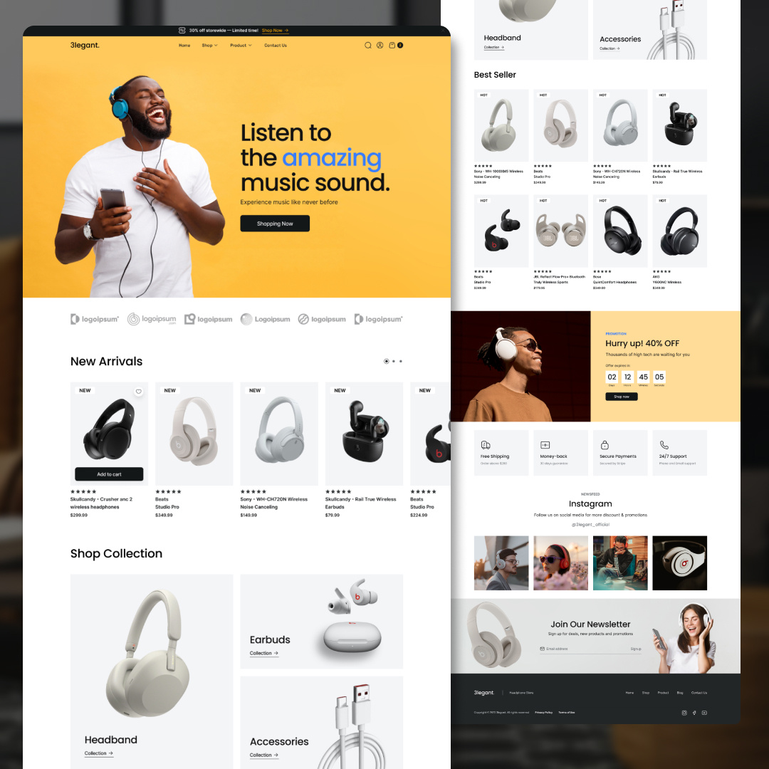 Homepage concept for 3legant E-Commerce dailyui design system e commerce figma freebie headphone hero header landing page shop online store ui website design