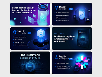 Traefik Enterprise Marketing Cards announcement api blog dark enterprise glows illustrations light marketing mode particles promotion publications releases saas security servers shield social media traefik