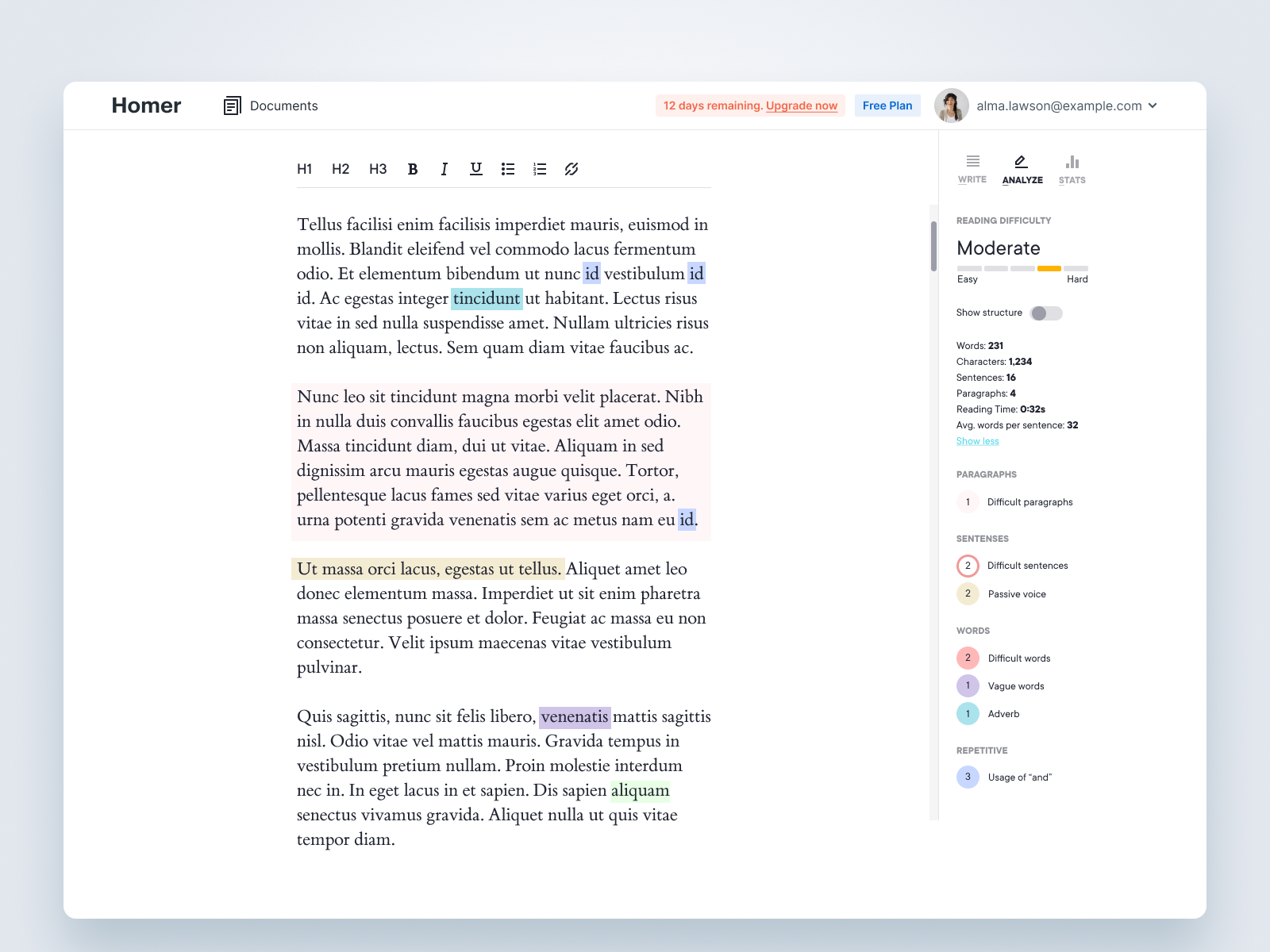 Example of Homer - AI writing improvement tool