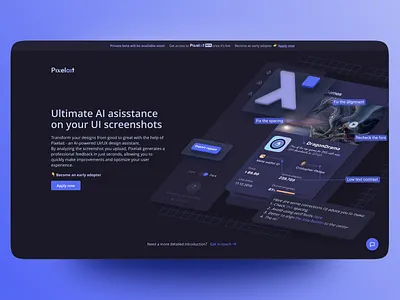 Pixelait | AI-powered UI asisstant dark ui isometric ui landing pixel purple website ui asisstant x letter