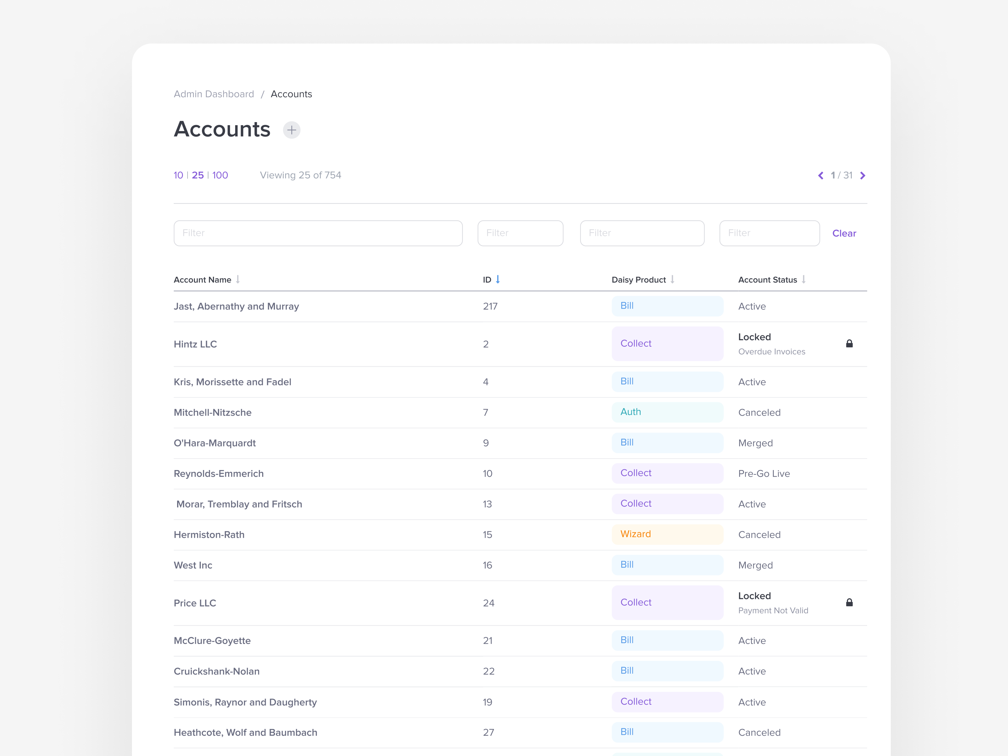 Daisybill - Accounts Management accounts admin client management color coding daisybill ebilling medical status table ui ux