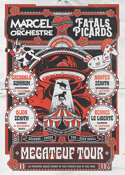 Megateuf Tour affiche concert fatals picards fun gigposter hauts de france herbie le gallodrome lille live marcel et son orchestre megateuf megateuf tour music musique nord punk rock rocknroll zenith