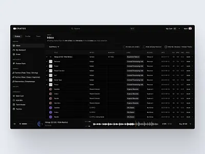 Crates Design Exploration albums beatport clean dark theme dashboard data list music music store playlists product design results saas search sidebar simple songs sorting store table