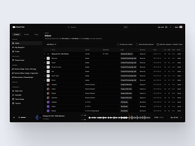 Crates Design Exploration albums beatport clean dark theme dashboard data list music music store playlists product design results saas search sidebar simple songs sorting store table