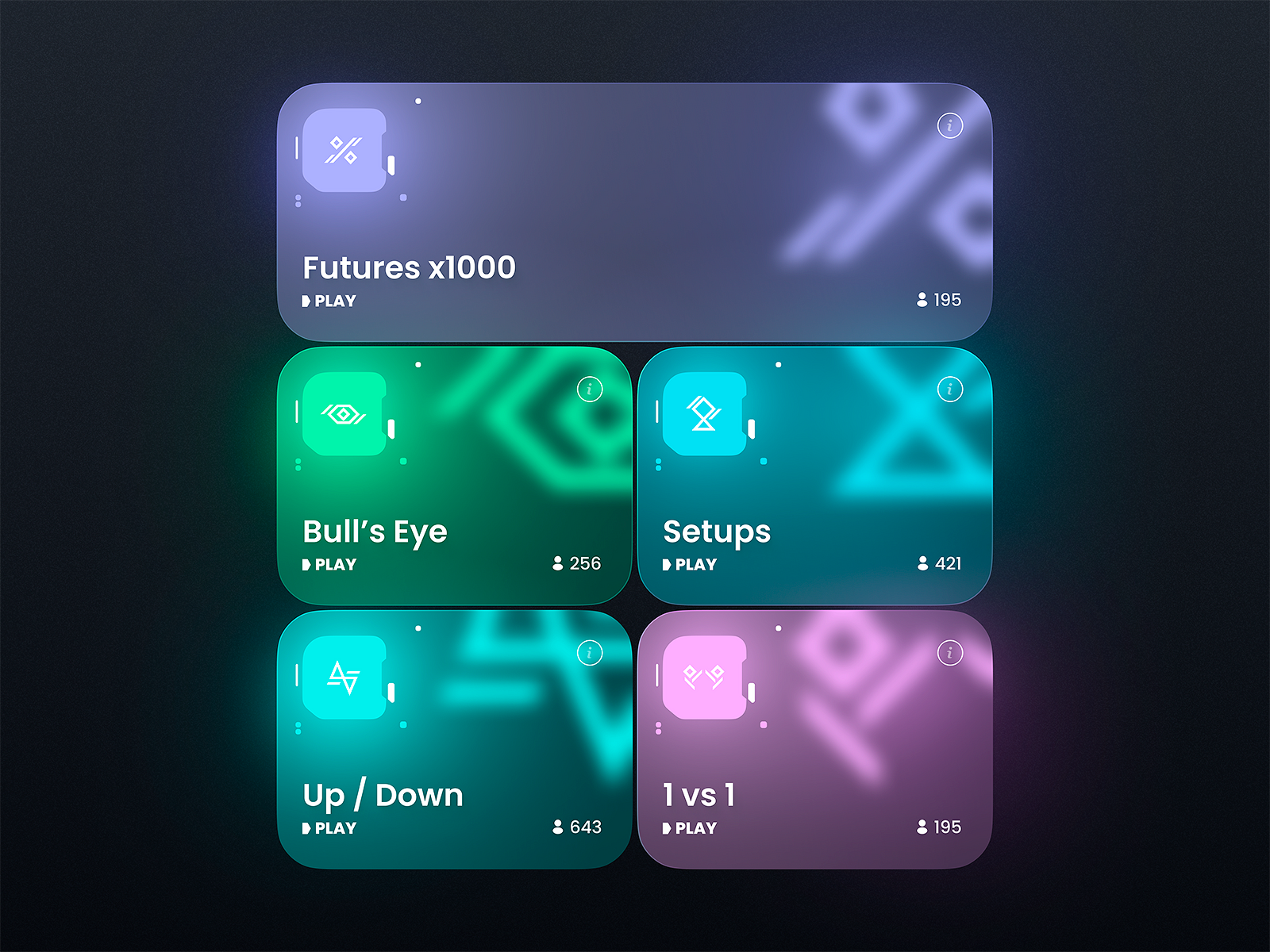 Glossy Bento Cards UI app bento bento grid betting crypto cyberpunk dapp dark theme design gambling glass glassmorphism glossy glow graphic design product design token ui ux web3