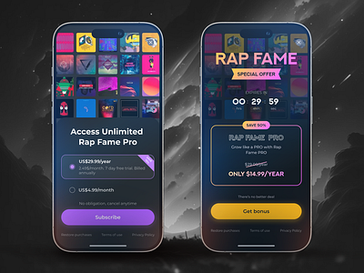 Paywalls for Rap App ai app store aso branding dark theme design marketing neon paywall purple rap rap fame ui ux