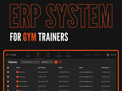 ERP System for Gym Trainers black orange design dark theme dark theme design design erp design erp system erp system design gym design gym erp gym trainers logo sport ui ui design ux ux design