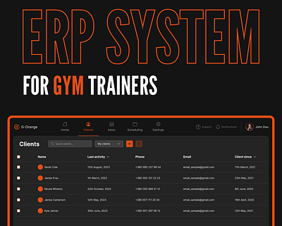 ERP System for Gym Trainers black orange design dark theme dark theme design design erp design erp system erp system design gym design gym erp gym trainers logo sport ui ui design ux ux design