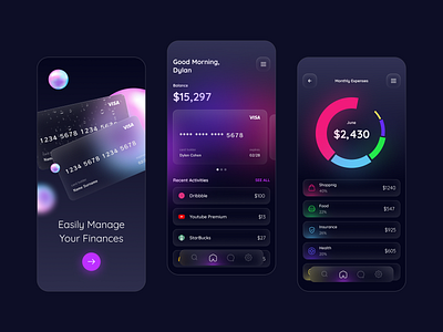 Banking App app bank banking blue clean credit card dark mode design finance gradient mobile pink purple ui ux