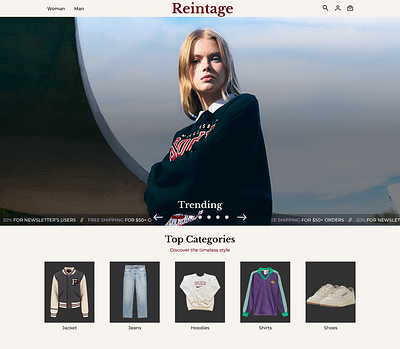 Vintage clothing landing page Reintage ad adidas clothing commercial e commerce famous brand figma hoodie landing landing page logo nike online shop shopify typography ui ux vintage webdesign