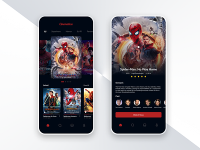 Cinematica - Movie Streaming ai branding clean dark design design ui ux elegant flat inspiration inspiration design logo minimalist mobile modern movie movie streaming red spiderman ui ux