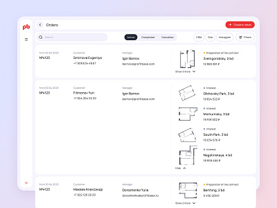 Concept - list of apartment purchase orders apartments crm dashboard interface list orders product design table ui