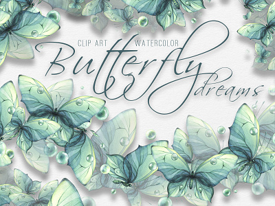 Turquoise-blue butterflies watercolor clipart beautiful
