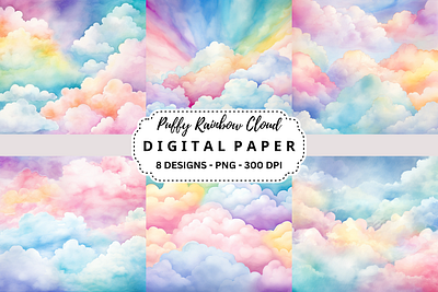 Pastel Puffy Rainbow Cloud Digital Paper tumbler wrap