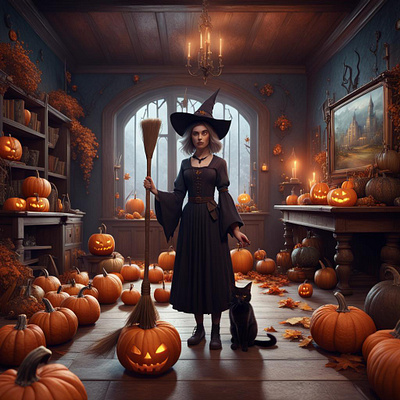 The Witch's Magic Room digitalart digitaldesign digitalillustration graphic design halloween pumpkins witch