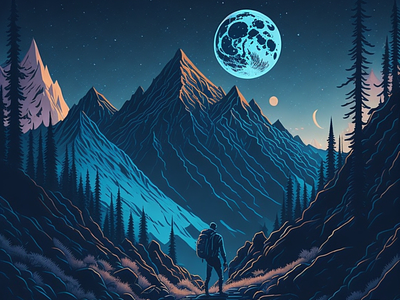 Adventurous Night view of Forest and Mountains adventure ai ai art ai artwork camping digital art forest graphic design hiking illustration illutration moonlight mountain nature prompt prompt engineering