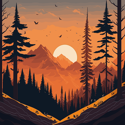 Morning Sunrise with forest and birds adventure ai ai art ai artwork birds camping design digital art forest graphic design hiking illustration illutration morning mountain pine trees sunrise sunset