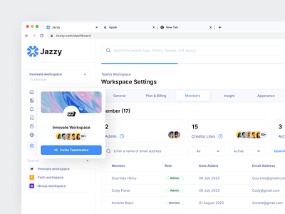 Jazzy - popup invite teammates add alert cansaas collaboration dasboard design interface invitation member modal notification popup setting task team ui ux web design webapp workspace