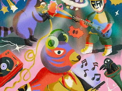 Disco animal bear book children crow dance decoration doodle gouche grunge illustration kids music party print racoon texture